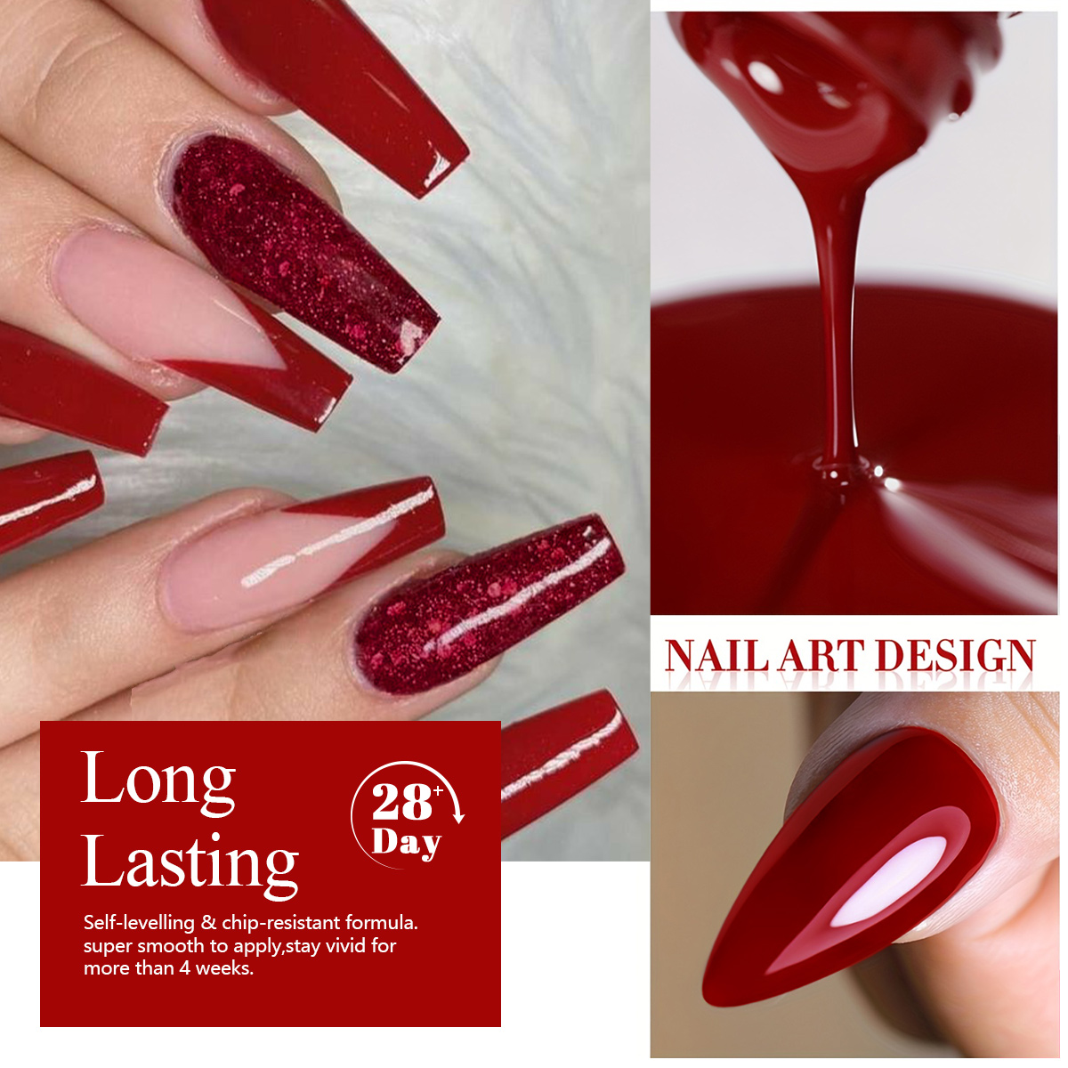 4Pcs Wine Red Solid Glitter Ge - đánh giá và giá Nail Art Burgundy