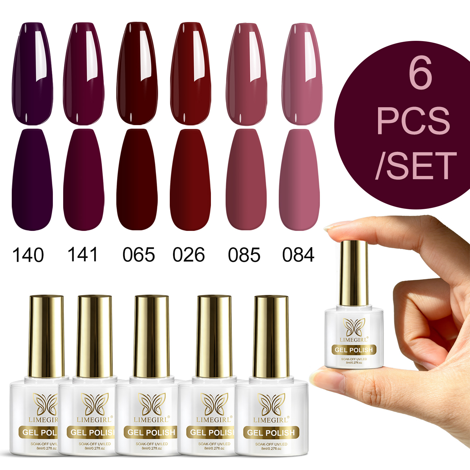 LIMEGIRL 6 Colors Gel Nail Pol - đánh giá và giá Nail Art Burgundy