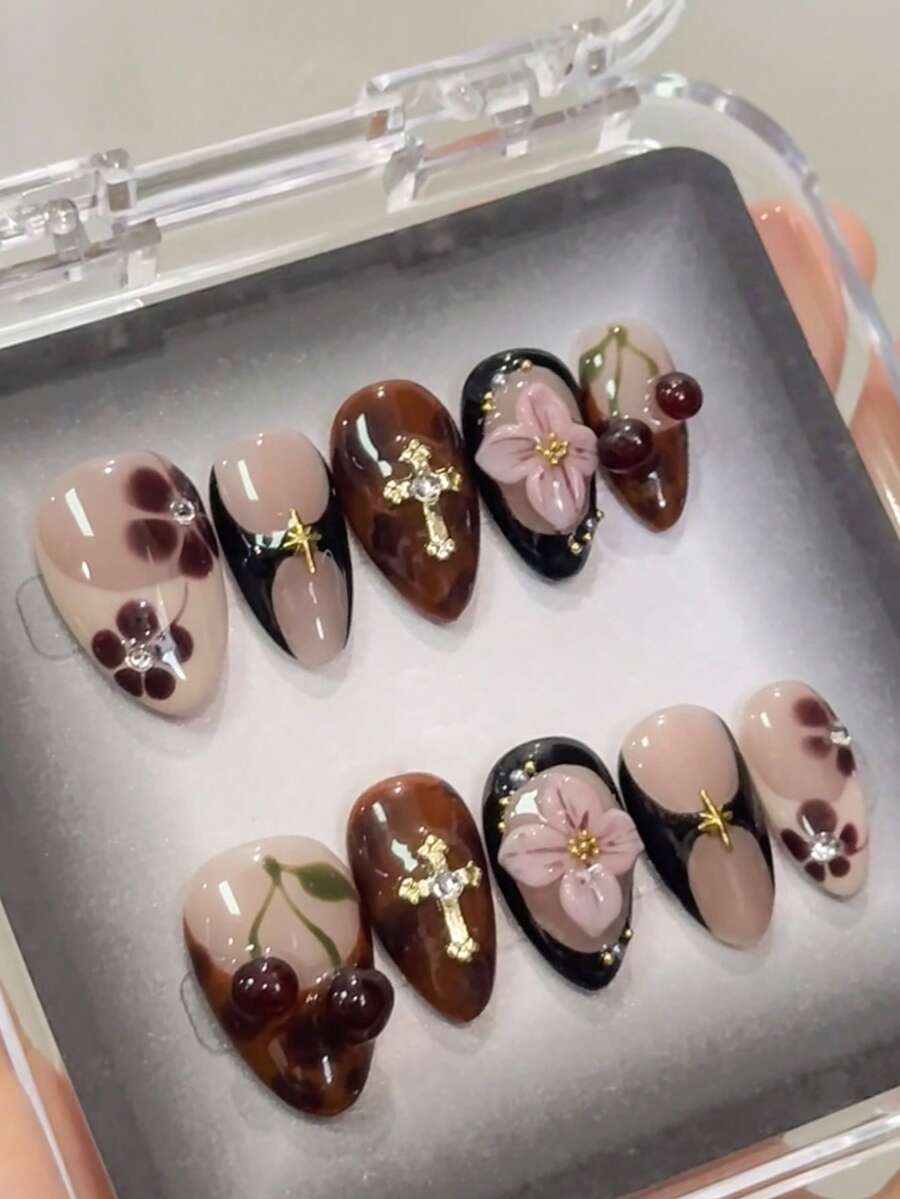 10pcs Retro Y2K Hand-Painted F - đánh giá và giá Nail Art Burgundy