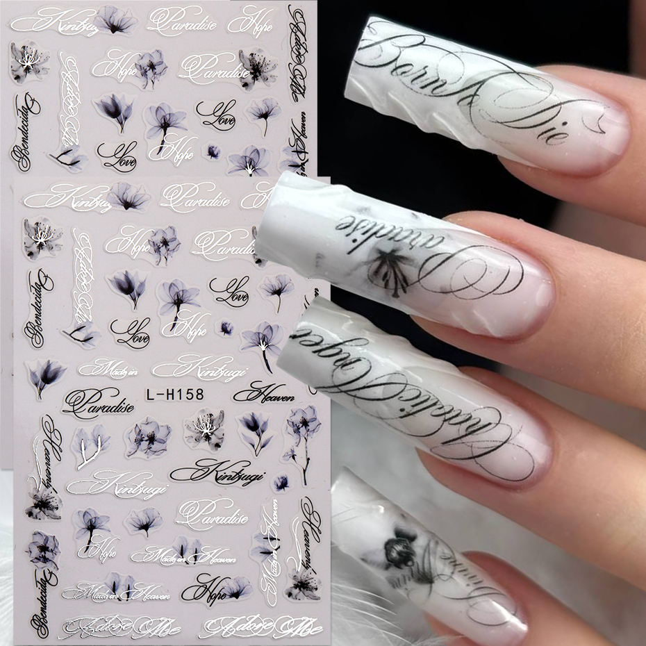 Ink Floral With English Script - đánh giá và giá Nail Art Elegant