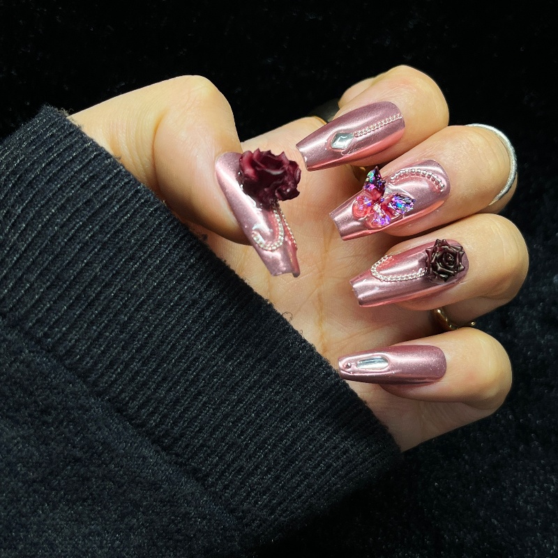 10PCS Rose Gold Press on Nails - đánh giá và giá Nail Art Burgundy