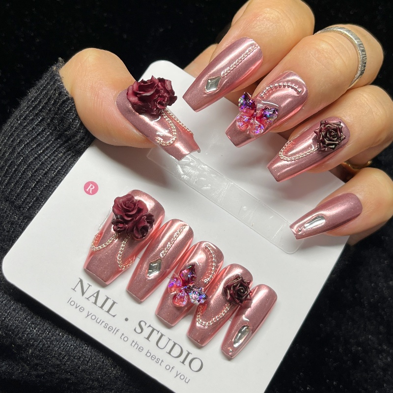 10PCS Rose Gold Press on Nails - đánh giá và giá Nail Art Burgundy