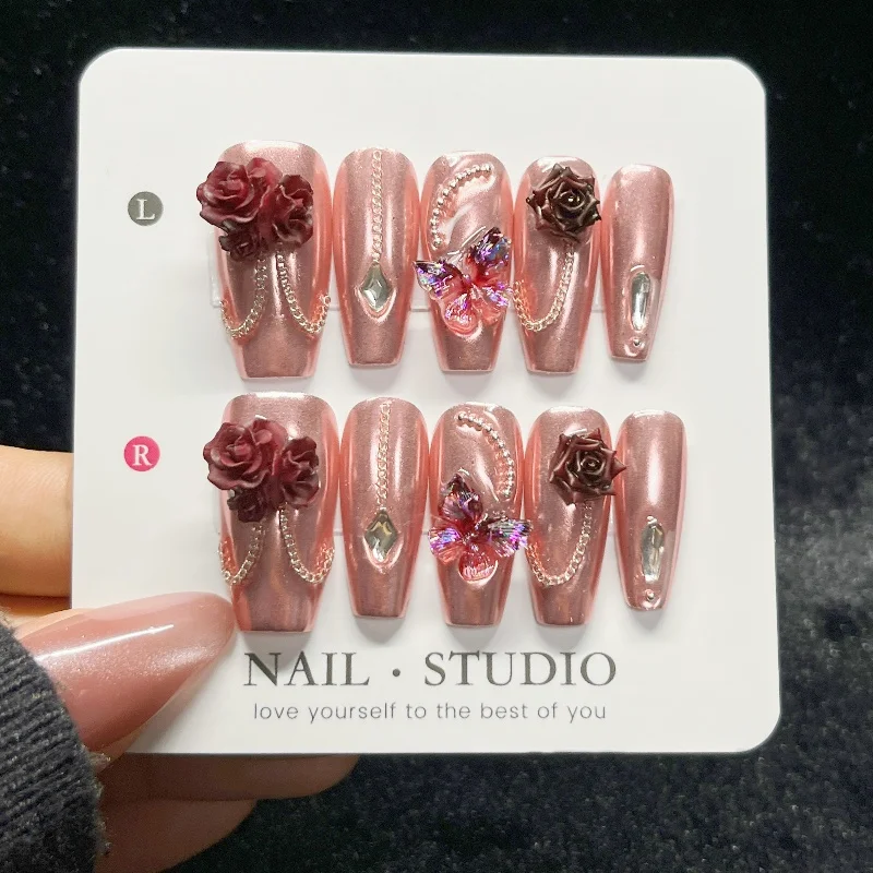 10PCS Rose Gold Press on Nails - đánh giá và giá Nail Art Burgundy